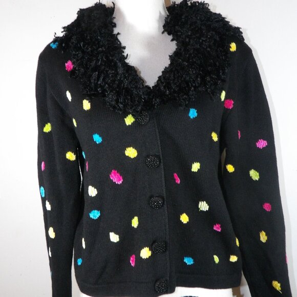 Bere Sweaters - Vintage Berek Sweater Women's L Black Embellished Cardigan Colorful Dots